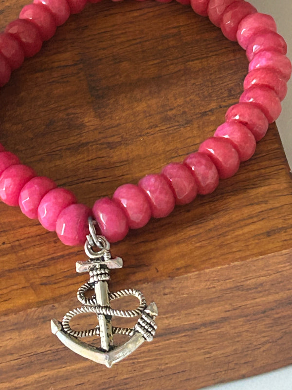 Cherry agate bracelet, silver tone anchor