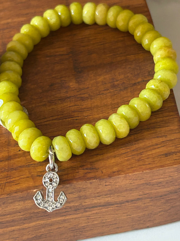 Mustard green agate bracelet, crystal anchor 