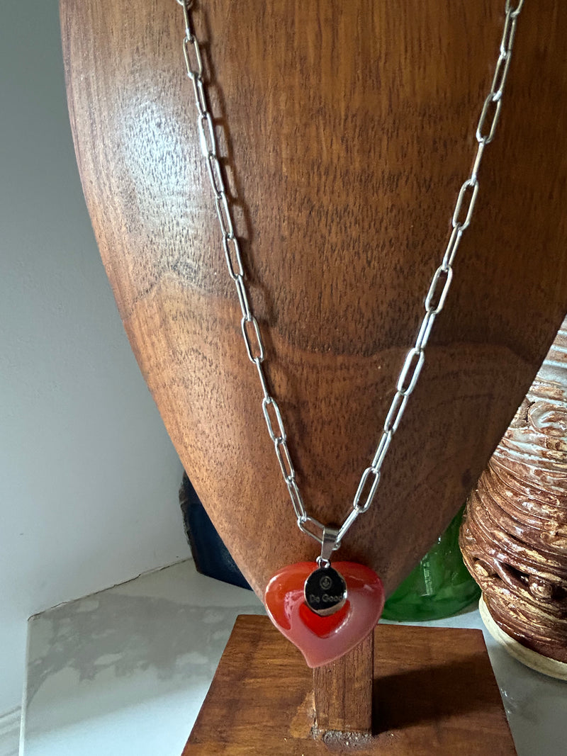 Rust agate heart, Do Good charm, stainless steel paperclip chain.