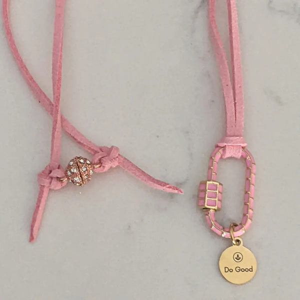 Do Good charm ,short pink suede necklace , magnetic closure