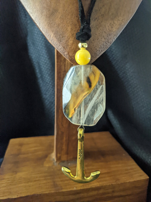 quartz, mustard jade and brass Hope pendant, black suede