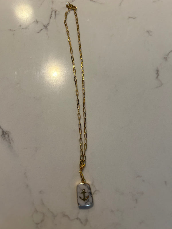 White Howlite Pendant with Imbedded Brass Anchor